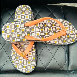 Tory Burch Orange and Multicolor Geometric Flip Flops